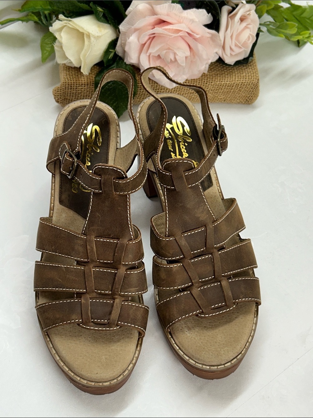 Brown Women's Woven Leather Sandals